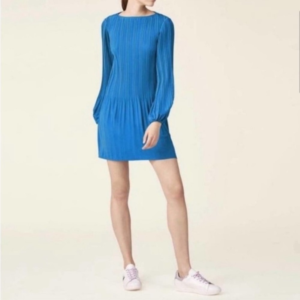 Maje Blue Pleated Long-Sleeve Mini Dress